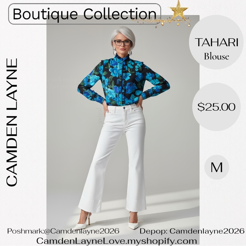Tahari Black and Blue Floral Top